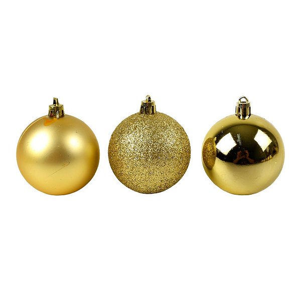 Enfeite Bolas de Natal de Plástico Mista (fosca/ lisa/ glitter) 5cm Dourada R.TD009A/TD009A-2DR Kit com 12 Bolas Decorativas