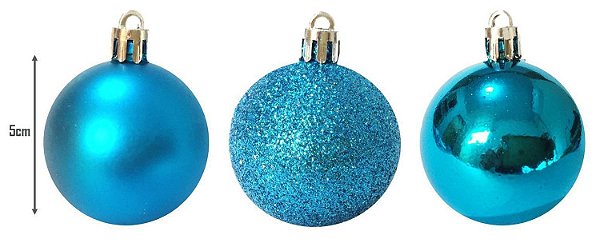 Enfeite Bolas de Natal de Plástico Mista (fosca/ lisa/ glitter) 5cm Azul Claro OU Azul Escuro TD009A/TD009A-4AZB Kit com 12 Bolas Decorativas