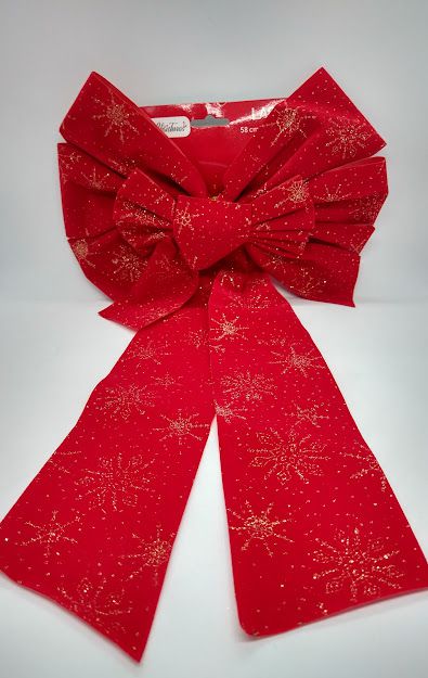 Enfeite Laço de Natal Decorativo em Tecido Aveludado Cor Vermelho Detalhes em Glitter Dourado 58cm Comprimento x 27 Largura R.WF8802 Unidade