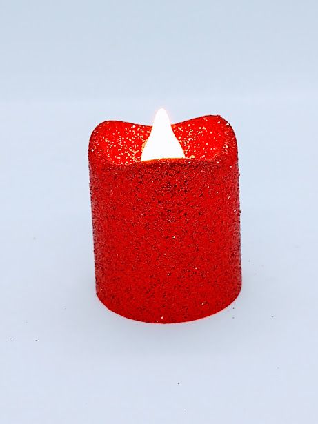 Vela Decorativa Glitter Cor Sortida (vermelho, prata ou dourada) Com Luz Led Artificial 4,5cm Altura R.EGO24013-1 Unidade - Baterias incluso