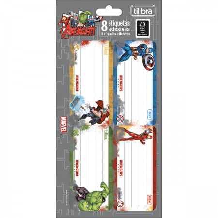 Etiqueta Escolar Adesiva Tilibra Avengers 8cm x 4cm R.234575 Cartela Com 8 Etiquetas