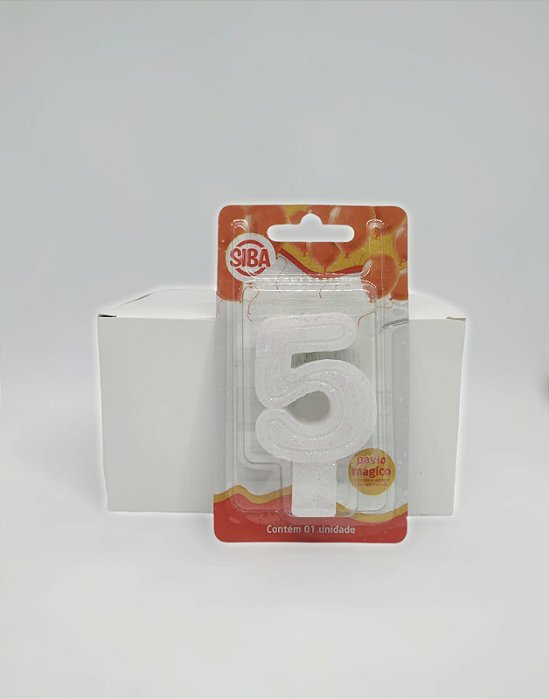 Vela de Aniversário Número 5 Plus Big Siba Cor Branca com Glitter no Atacado com 10 Unidades Preço de Fábrica.