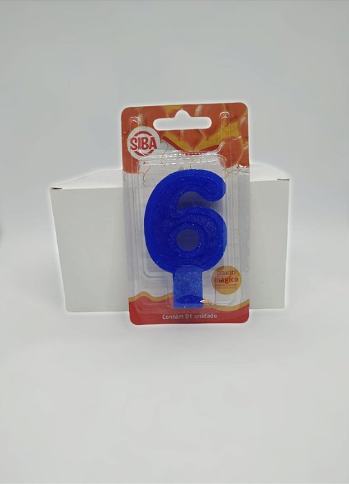 Vela de Aniversário Número 6 Plus Big Siba Cor Azul com Glitter no Atacado com 10 Unidades Preço de Fábrica.
