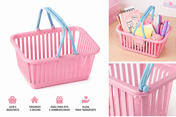 Cesta Organizadora Plástica Rosa com Alça Azul SIBA – Ref. 1002