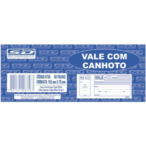 Vale Com Canhoto São Domingos 15cm x 7cm Com 50 Folhas Unidade