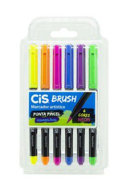 Caneta Marcador Artístico Cis Brush Pen Lettering R.709900 Estojo Com 6 Cores Tons Neon