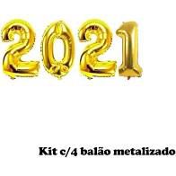 Kit Com 4 Balões Metalizados 2021 Cor Ouro 40cm