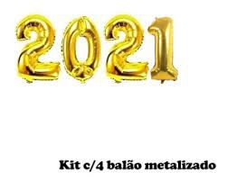 Kit Com 4 Balões Metalizados 2021 Cor Ouro 75cm