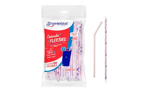 Canudo Plástico Flexível para Drink Coquetéis Strawplast Branco Listras Vermelhas R.cs304 Pacote Com 100