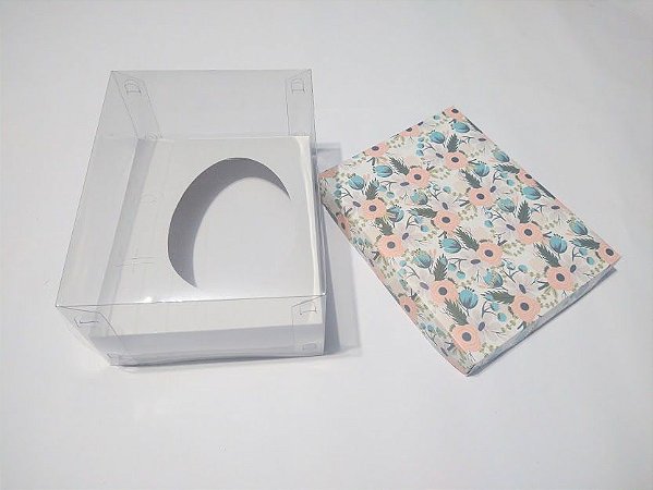 Caixa Para Ovo De Colher 350 Gramas Base Flores Rosa Salmão e Azul + Berço Branco + Tampa de Acetato Transparente 18cm x 14cm x 9cm R.cxdpasc21908 Unidade