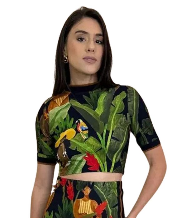 Blusa Farm Cropped Estampa Beleza Tropical Preto • FARM
