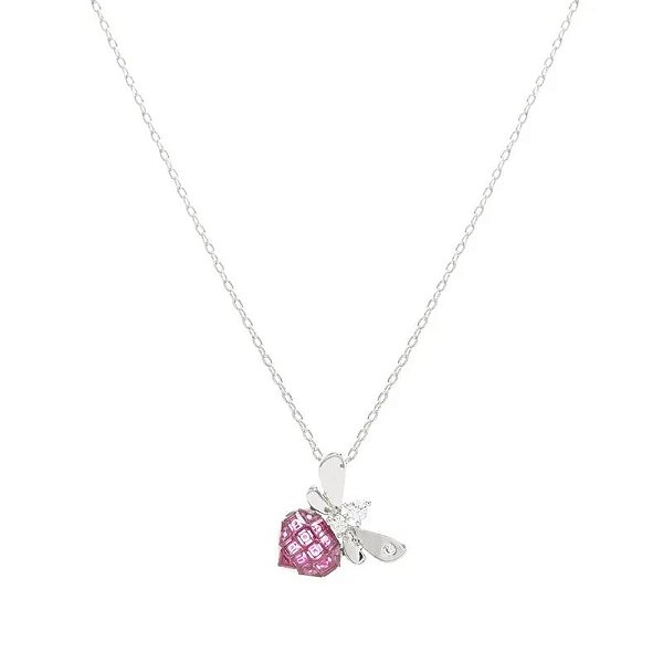Colar Borboleta Mosaico Cristal Turmalina Rosa Cravação Invisível - 50cm - Banho de Ródio Branco • SANTA PRATA