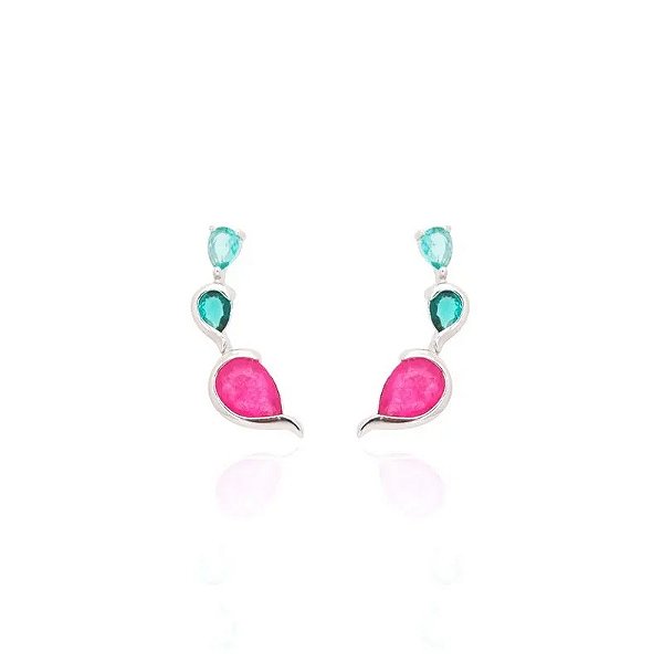 Brinco gotas fusion turmalina rosa prata 925 • SANTA PRATA