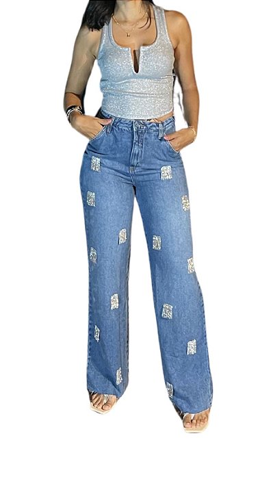 Calça longa reta jeans brilhos • OPEN