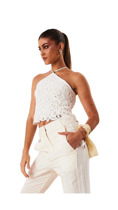 Blusa Cropped Frente Única Com Renda • OPEN