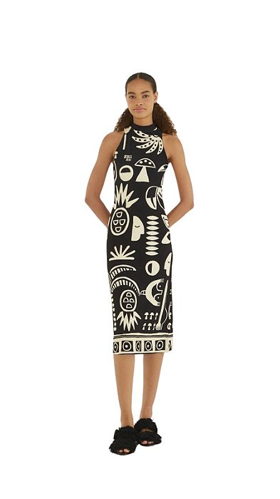 Vestido Midi Estampado Lenço Tropicano • Farm Preto