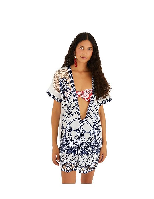 Macaquinho Richelieu Estampado Noite De Pássaro • Farm Branco