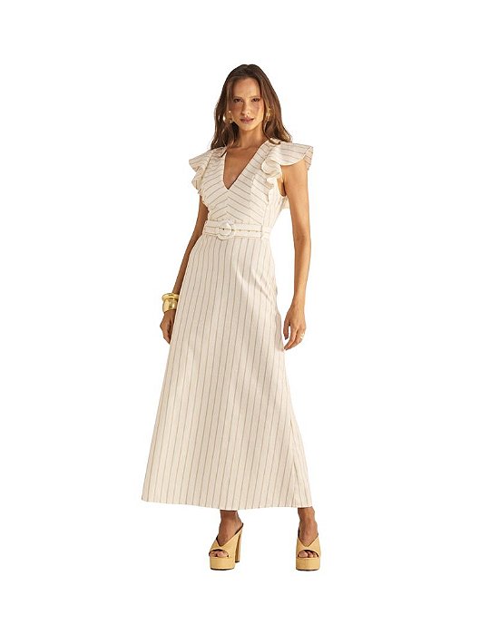 Vestido Longo Godê Com Cinto Listrado • Sommer Branco