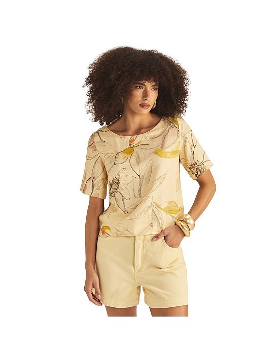 Camiseta Feminina Comfort Linho Estampado • Sommer Bege