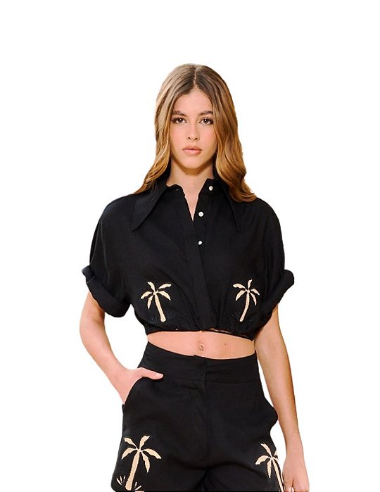 Camisa Feminina Alfaiataria Em Linho Bordada • Open Preto