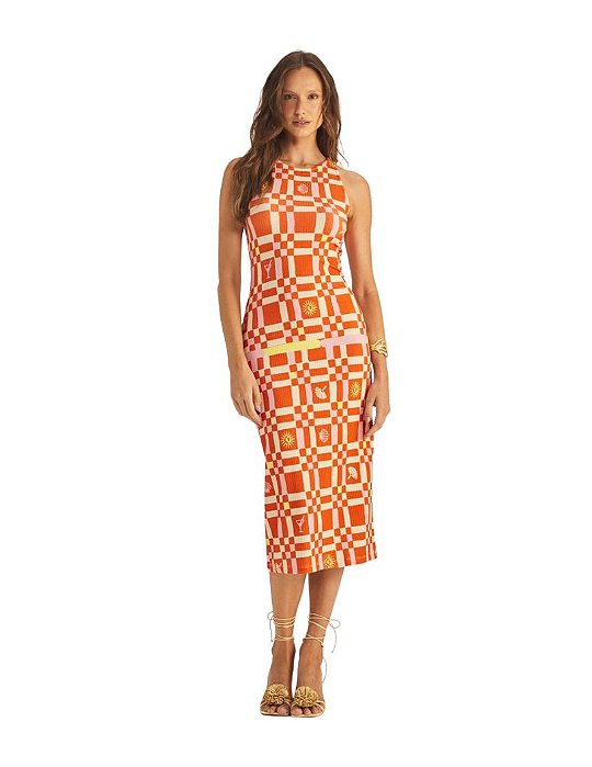 Vestido Slim Acinturado Estampado • Sommer Laranja