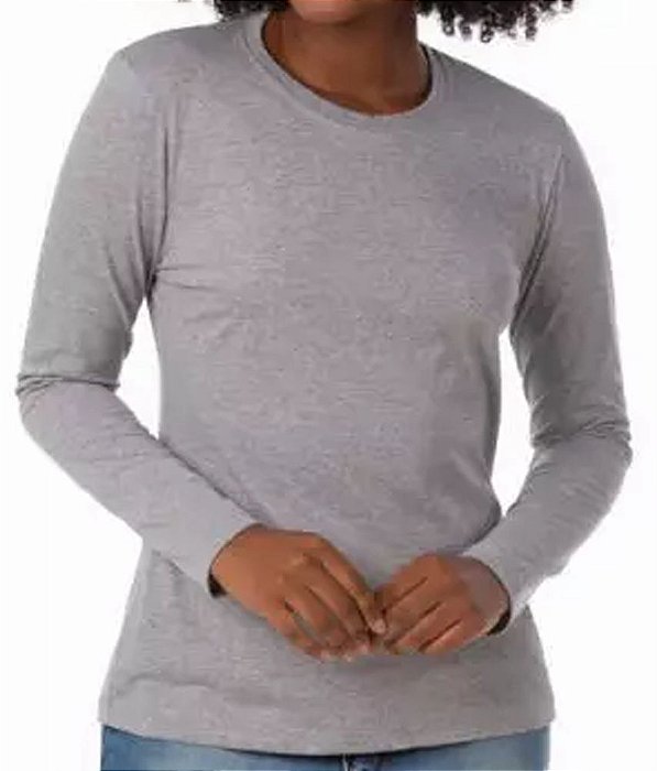 Camiseta Algodão Lisa Manga Longa Feminina Cinza Mescla