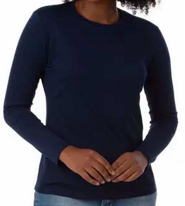 Camiseta Algodão Lisa Manga Longa Feminina Azul Marinho