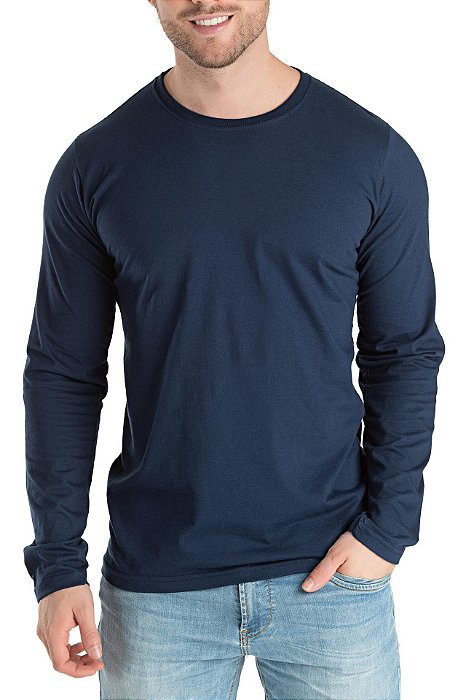 Camiseta Algodão Lisa Manga Longa Masculina Azul Marinho