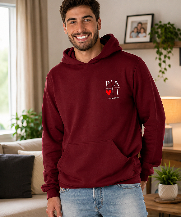 Casaco Moletom Masculino Capuz e Bolso Pai Coração Bordado