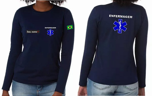Camiseta Feminina Manga Longa ENFERMAGEM + CRUZ VIDA Bordado