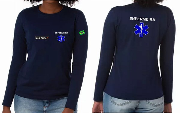 Camiseta Feminina Manga Longa ENFERMEIRA + CRUZ VIDA Bordado