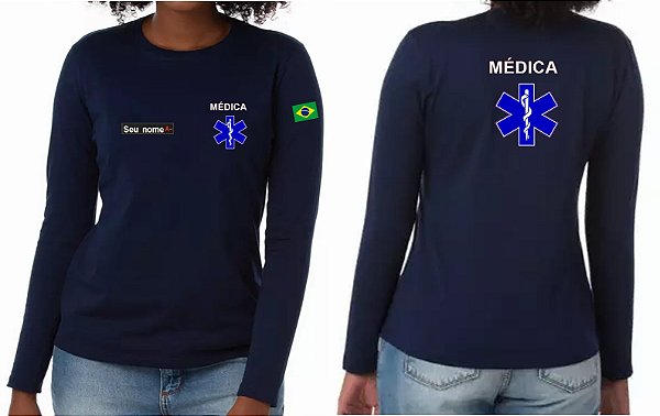 Camiseta Feminina Manga Longa MÉDICA + CRUZ VIDA Bordado