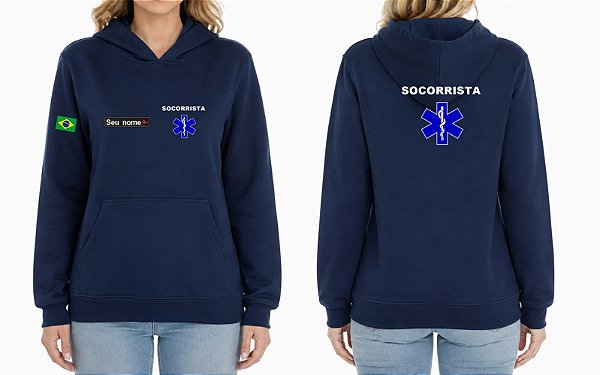 Casaco Moletom Feminino Capuz e Bolso SOCORRISTA + CRUZ VIDA Bordado