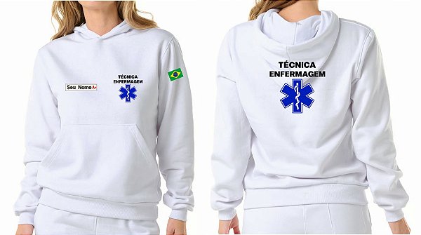 Casaco Moletom Feminino Capuz e Bolso TÉCNICA ENFERMAGEM + CRUZ VIDA Bordado