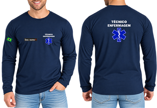 Camiseta Masculino Manga Longa TÉCNICO ENFERMAGEM + CRUZ VIDA Bordado
