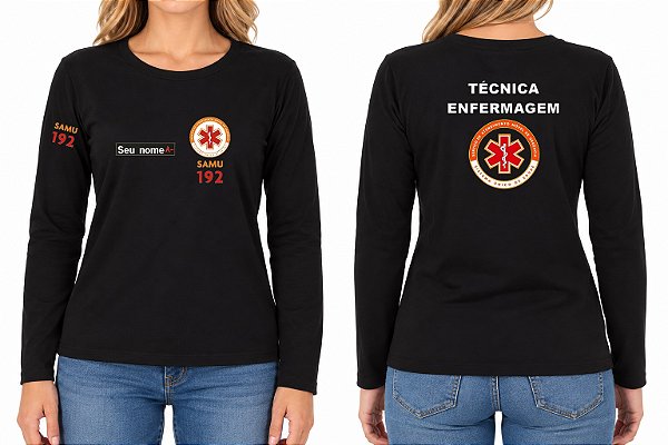 Camiseta Feminina Manga Longa TÉCNICA ENFERMAGEM SAMU Bordado