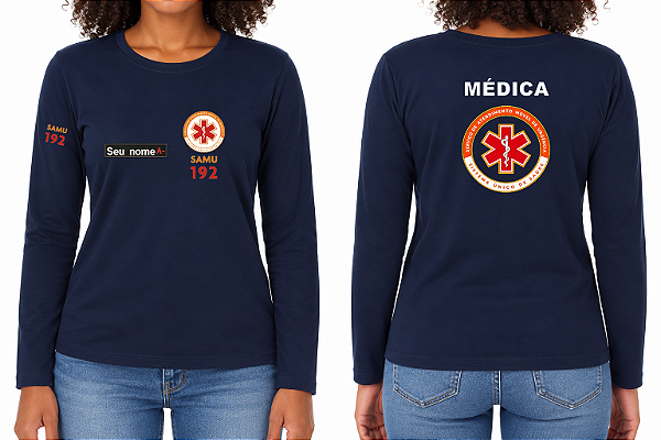 Camiseta Feminina Manga Longa MÉDICA SAMU Bordado