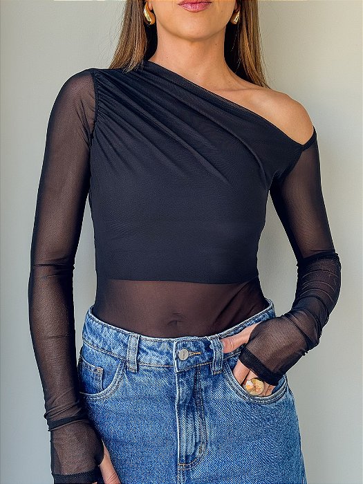 Body tule assimétrico preto