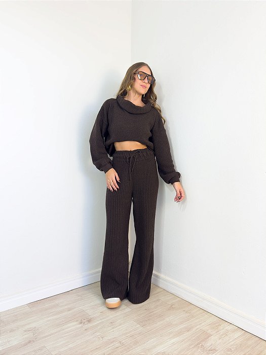 Conjunto Tricô Mousse Calça Marrom