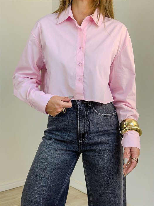 Camisa Cropped Manga Longa Rosa