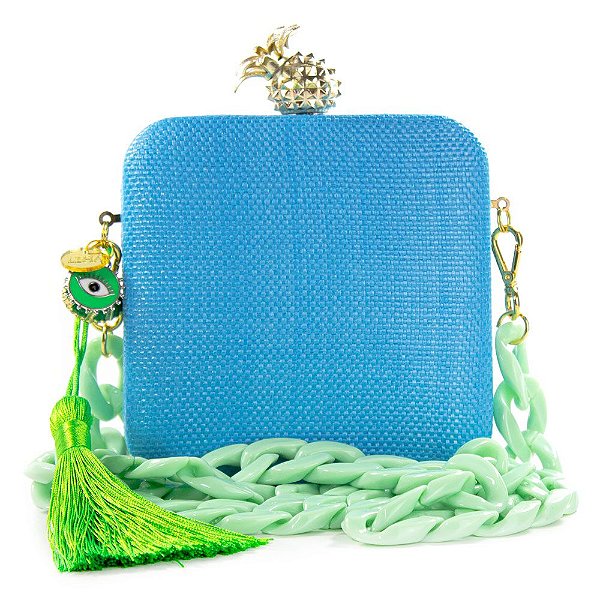 Bolsa Festa Clutch Feminina Mini Bag Azul Claro Corrente