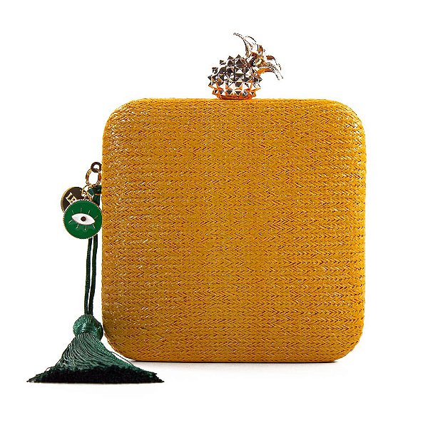 Bolsa De Mão Clutch Festa Casamento Formatura Mostarda Com Olho Grego e Tassel Verde