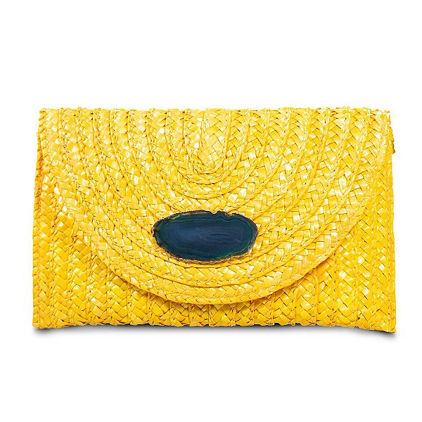 Bolsa de Mão Carteira Clutch Envelope de Palha Amarela Luxo