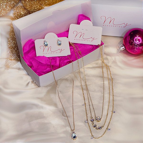 Conjunto Azul Cristal Pedra Oval