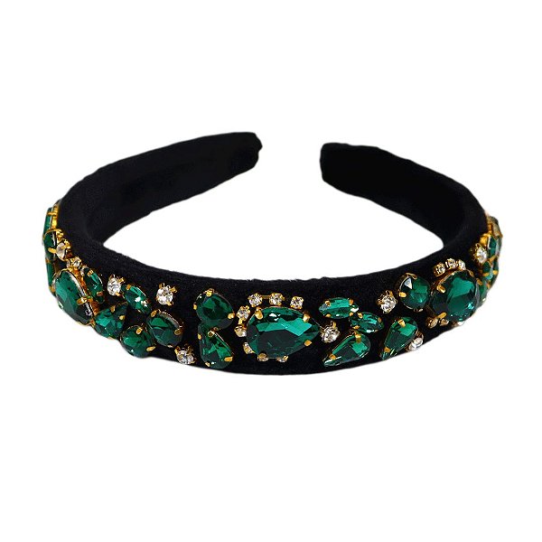 Tiara Veludo Base Larga Gota Verde Esmeralda