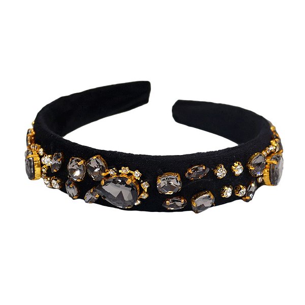 Tiara Veludo Base Larga Gota Grafite Cristal