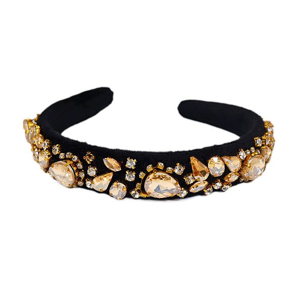 Tiara Veludo Base Larga Gota Champanhe