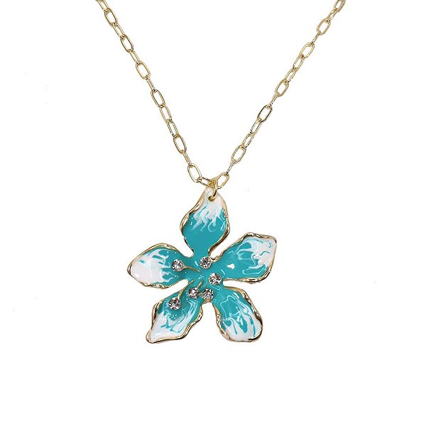 Colar Flor Esmaltado Azul Turquesa