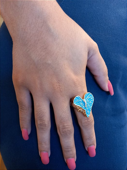 Anel Coração Esmaltado Azul Turquesa