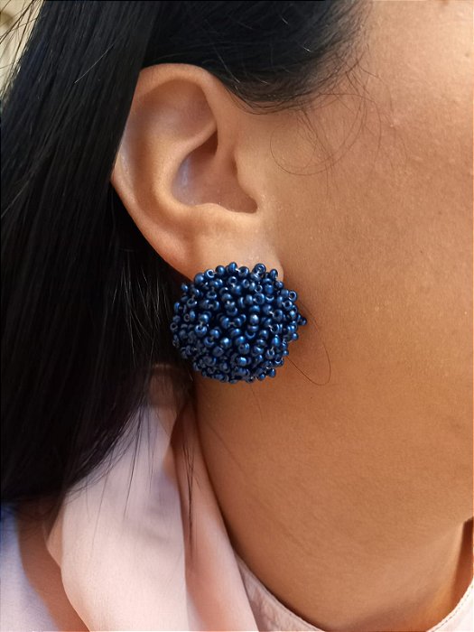 Brinco Botão Beads Azul Marinho